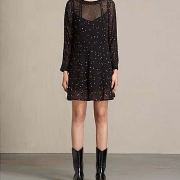 ALLSaints Sheer STAR Embroidered CHIFFON-CREPE Mini DRESS in BLACK Large - Picture 12 of 13